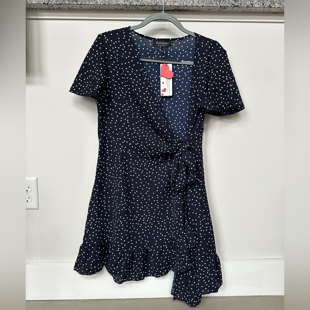 Navy with White Polka Dots Tie Front Dress